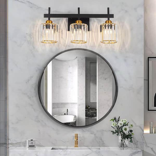 Orillia 3-Light 21 in. Crytal Black and Gold Bathroom Vanity Light Fixture