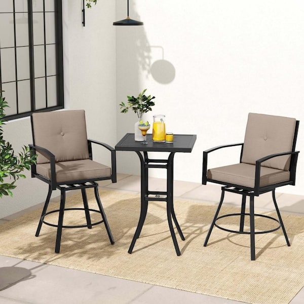 3-Piece Patio Conversation Set Swivel Bar Set Table and Chairs with Brown Soft Cushions and Umbrella Hole