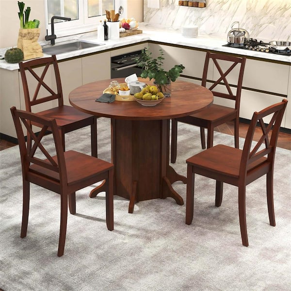 Costway Walnut Wood Top Pedestal 42 in. Kitchen Round Dining Table with Pedestal Base for 6 People