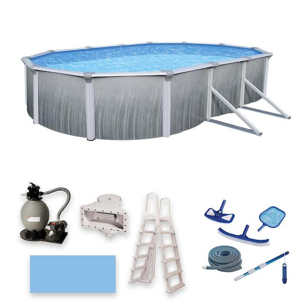 Blue Wave Martinique 12 ft. x 24 ft. Oval x 52 in. Deep Metal Wall Above Ground Pool Package with 7 in. Top Rail