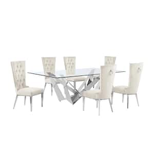 Meryl 7-Piece Rectangular Glass Top Stainless Steel Base Dining Set 6 Cream Velvet Fabric Stainless Steel Chair