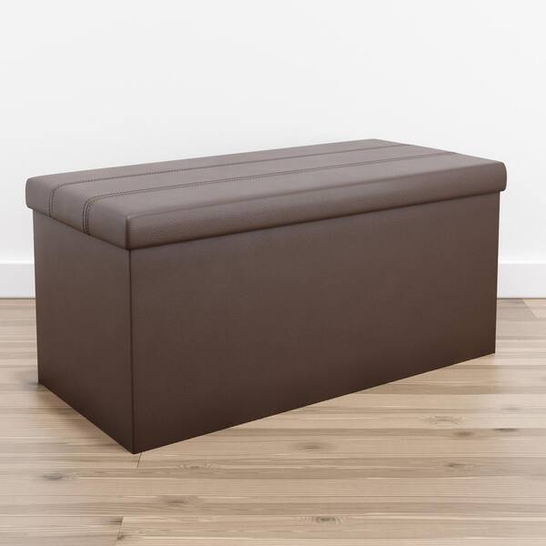 Brookside Foldable Rectangle Brown Faux, Round Brown Faux Leather Storage Ottoman