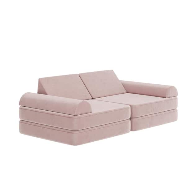 Marlowe Blush Folding Upholstered 56 in. Modular Kids Play Couch with 6-Soft Foam Sectional Sofa Pieces