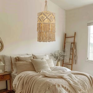 Bohemian 1-Light White Pendant Light with Adjustable Macrame Rattan Shade and Height , Plug-In