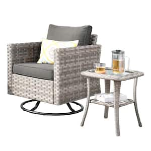 Tahoe Grey Swivel Rocking Wicker Outdoor Patio Lounge Chair with a Side Table and Black Cushions