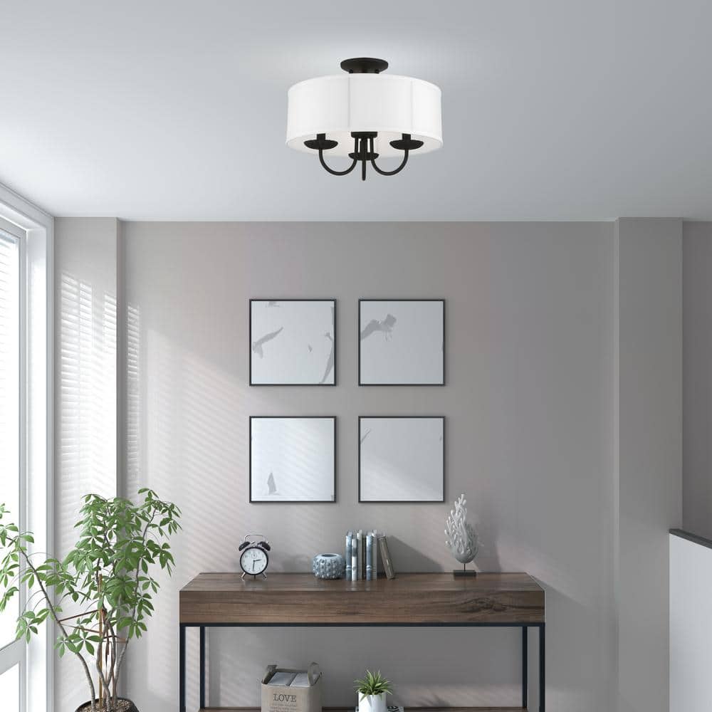 Brookdale Black Brass 3-Light Semi-Flush Mount with Fabric Shade