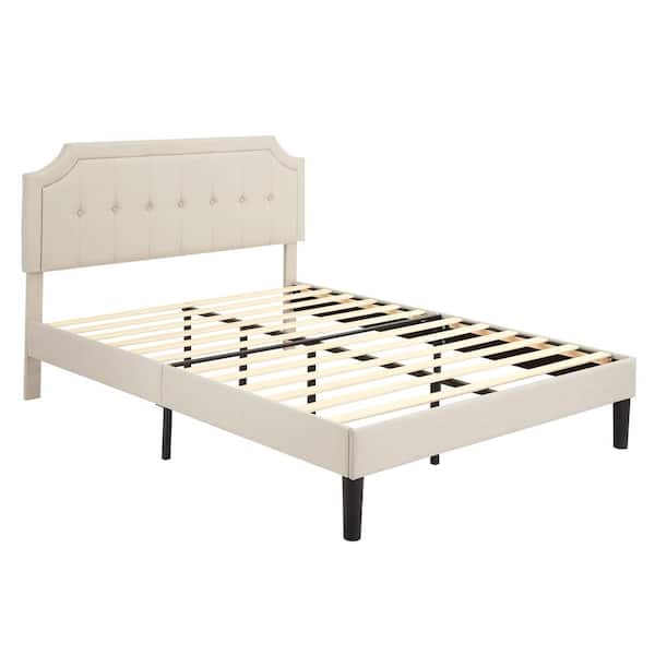Upholstered Bed Beige Metal Frame Queen Platform Bed with Headboard Bed Frame with Sturdy Wood Slat Support