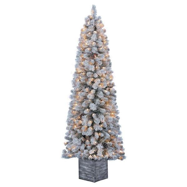 Home Accents Holiday 6.5 ft. Pre-lit Flocked Lexington Pine Potted Artificial Christmas Tree with 200 Clear Lights