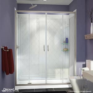 Visions 60 in. W x 32 in. D x 76-3/4 in. H Semi-Frameless Shower Door in Brushed Nickel with White Base and Backwalls