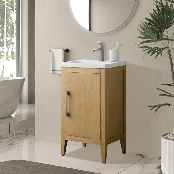 20 in. W x 15.8 in D x 34 in. H Single Sink Bathroom Vanity Cabinet in Natural Oak with Ceramic Top in White
