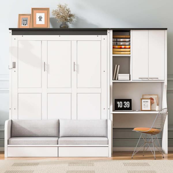 White Wood Frame Full Murphy Bed with Sofa, Desk, and Storage Cabinet