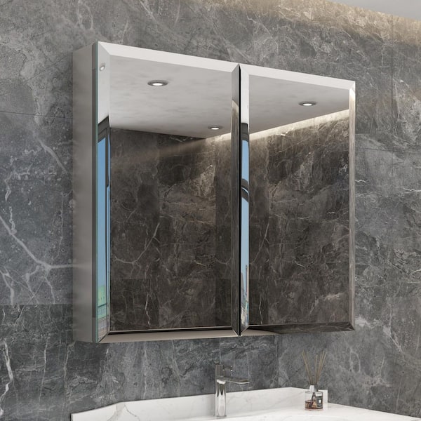 30 in. W x 26 in. H Large Rectangular Silver Aluminum Recessed/Surface Mount Medicine Cabinet with Mirror and Beveled