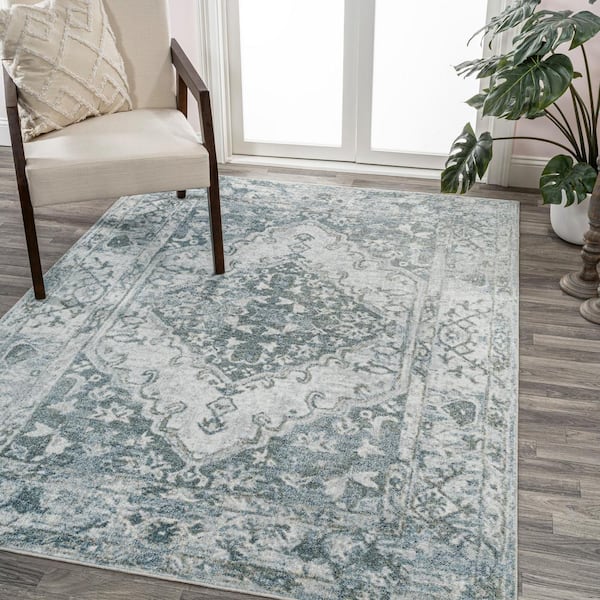 JONATHAN Y Pavel Light Gray/Blue 4 ft. x 6 ft. Distressed Medallion Low-Pile Machine-Washable Area Rug