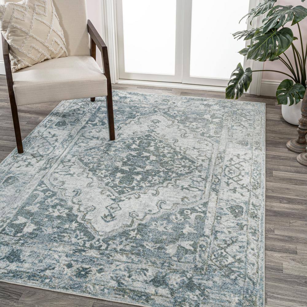Pavel Light Gray and Blue Synthetic Medallion Washable Area Rug