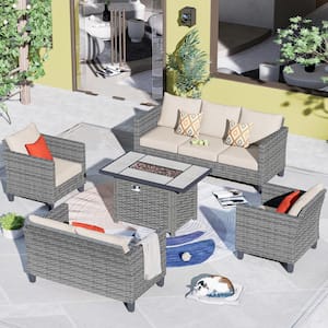 New Star Gray 5-Piece Wicker Patio Rectangle Fire Pit Conversation Seating Set with Beige Cushions