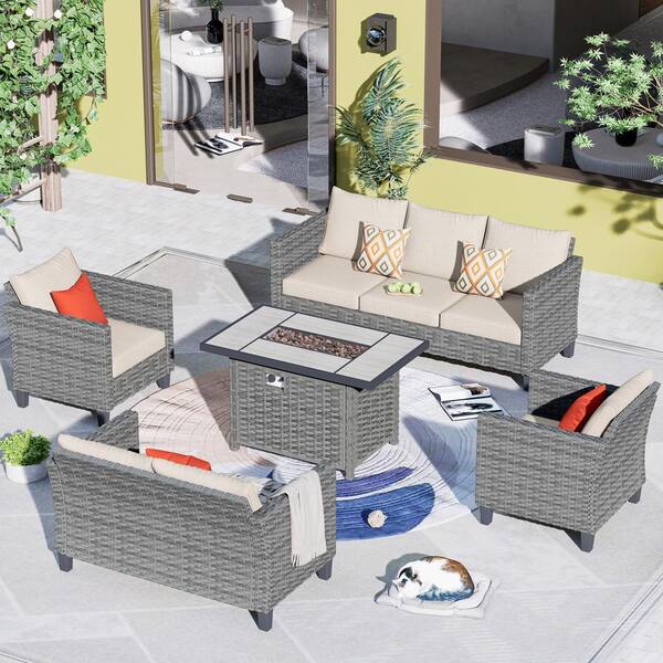 OVIOS New Star Gray 5 Piece Wicker Patio Rectangle Fire Pit