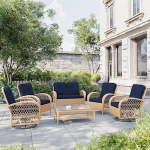 6-Peiece Wicker Patio Conversation Set with Swivel Rocking Chairs, Coffee Table and Navy Blue Cushions