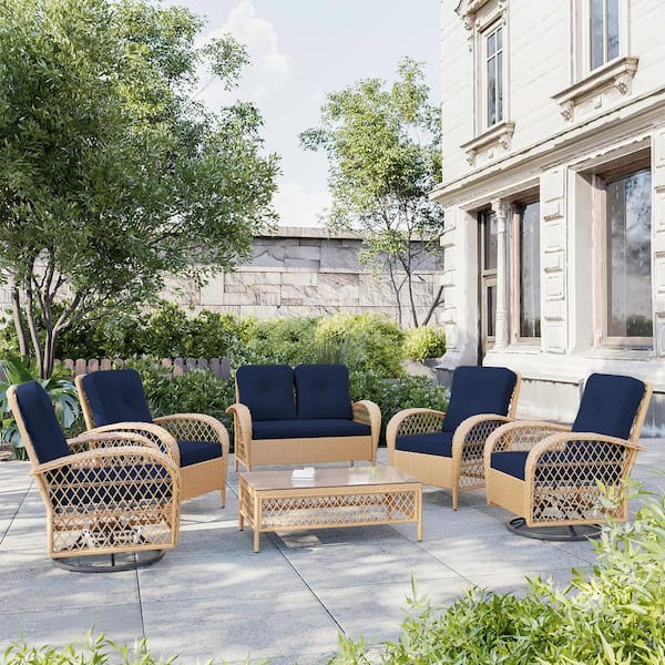 UPHA 6-Peiece Wicker Patio Conversation Set with Swivel Rocking Chairs, Coffee Table and Navy Blue Cushions
