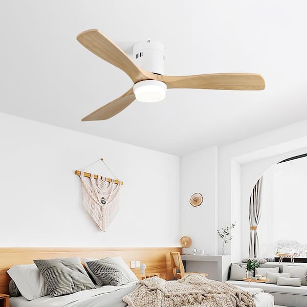 Unbranded 52 in. Smart Indoor White Ceiling Fan with Light and Remote Control Reversible 3-Solid Wood Blades LED Fan Light