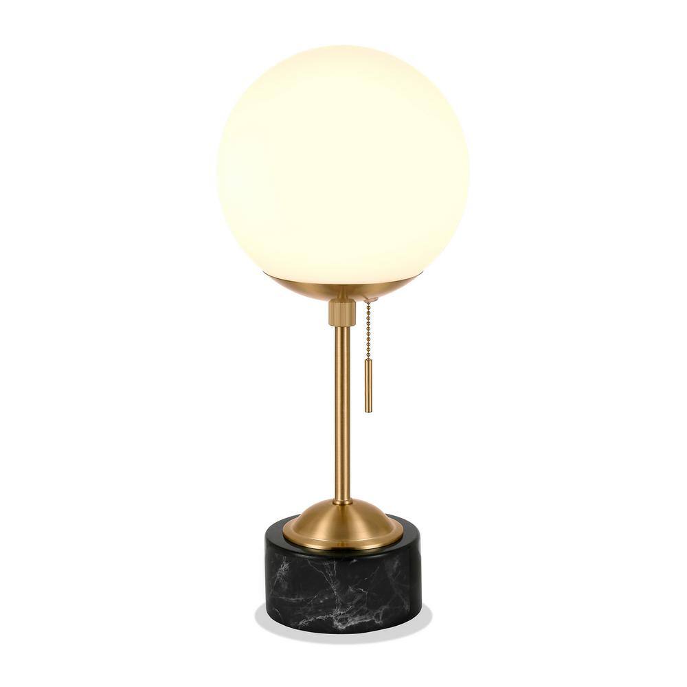 Reagan Art Deco Brass & Black Marble Table Lamp with White Globe Shade