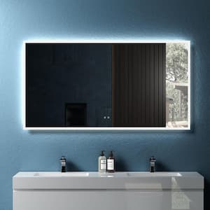 59.1 in. W x 31.5 in. H Small LED Backlit Anti-Fog Rectangular Frosted Glass Framed Wall Bathroom Vanity Mirror in White