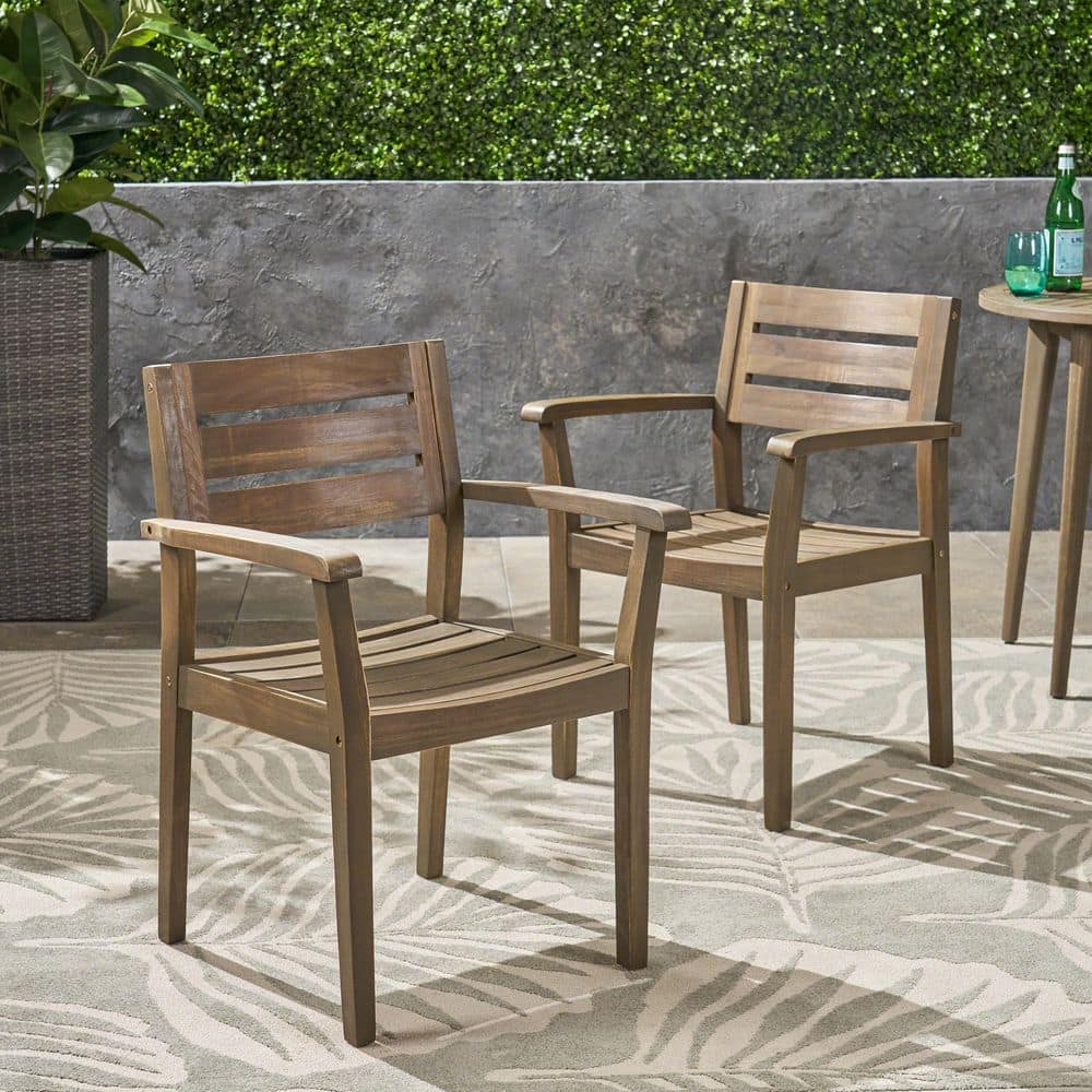 Gray Acacia Wood Outdoor Dining Chairs, Patio Armchair for Backyard, Poolsi