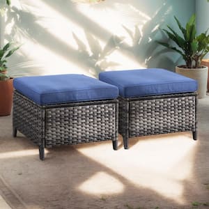 Carolina Gray Wicker Outdoor Ottoman with Blue Cushion (2-Pack)