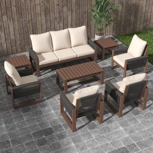 8-Piece Hemlock Wood Patio Set with 3-Seat Sofa, 4-Armchairs, Coffee Table and Side Tables, Beige Cushions