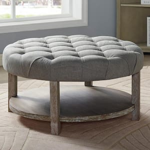 Ipek Light Gray Round Button Tufted Ottoman