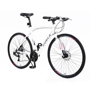 28 in. 27 Speed Aluminum White Hybrid Bike Disc Brake 700C Road Bike For Men Women
