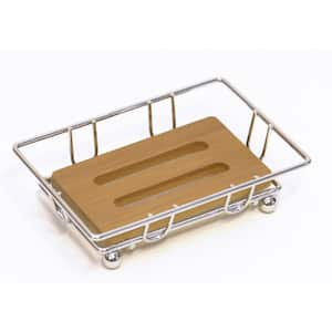 Bath Metal Wire Soap Dish Cup with Bamboo Tray Brown