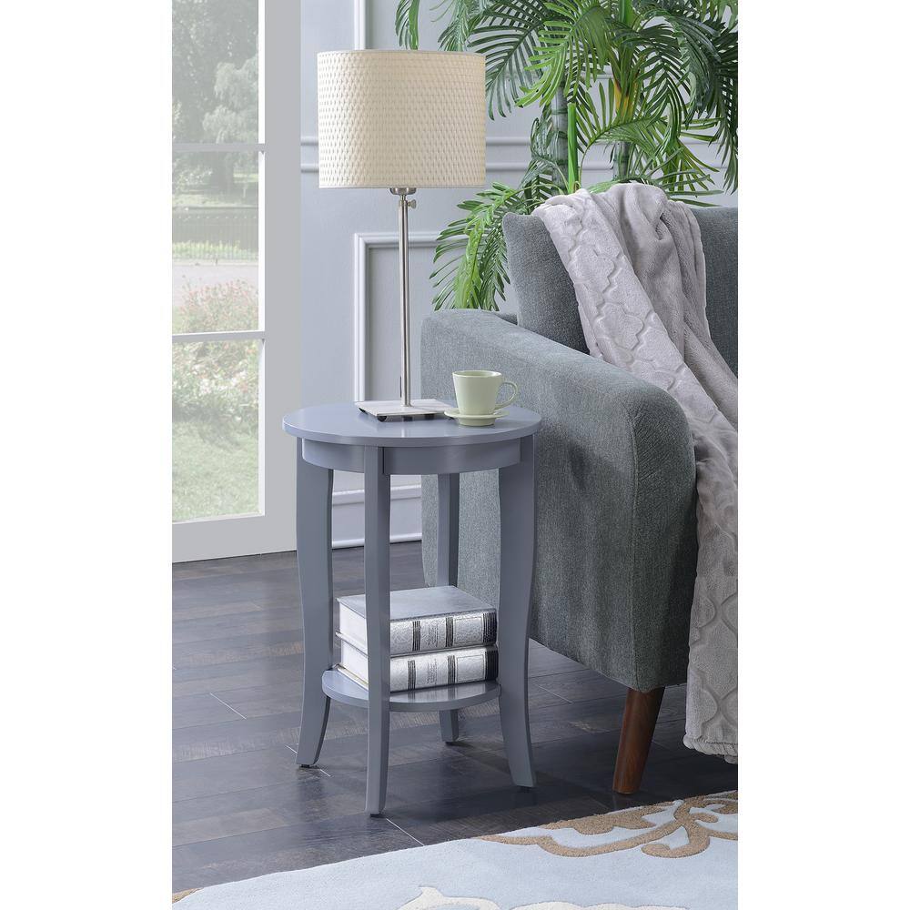 Gray Round Wood End Table with Shelf