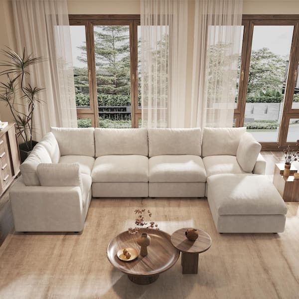 100.5 in. Square Arm Chenille L-Shaped Sectional Sofa with Ottoman For Living Room Couch in. Beige