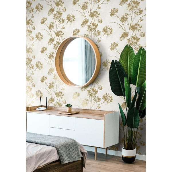 Metallic Gold Dandelion Floral Vinyl Peel and Stick Wallpaper Roll 40.5 sq. ft.