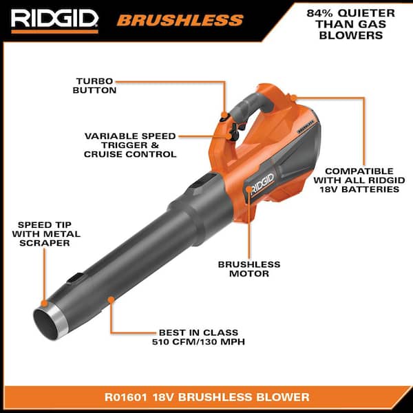 RIDGID R01601K 18V Brushless 130 MPH 510 CFM Cordless Battery Leaf Blower with 6.0 Ah MAX Output Battery and Charger - 3