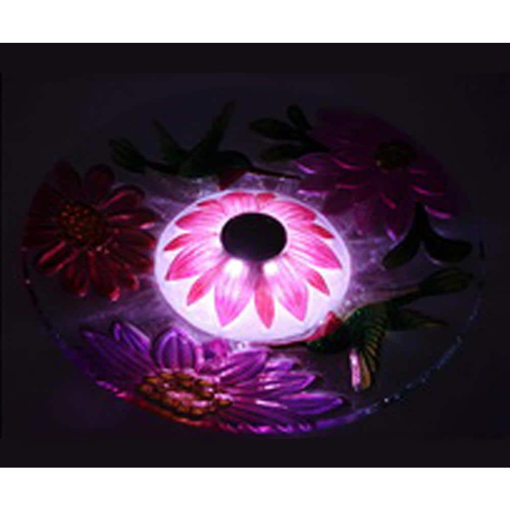 Solar Floral Glass Hummingbird Birdbath with Metal Stand