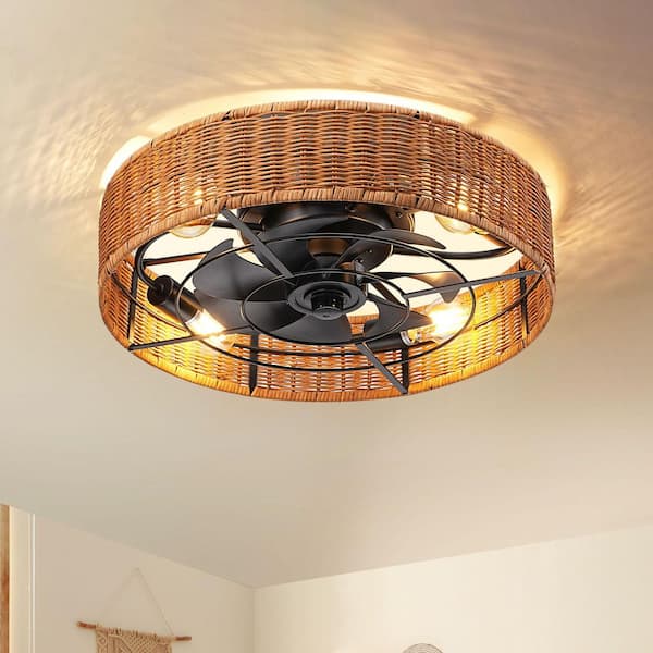 19.7'' Brown Standard Flush Mount Rattan Flush Mount Ceiling Fan With Light And Remote Control Included