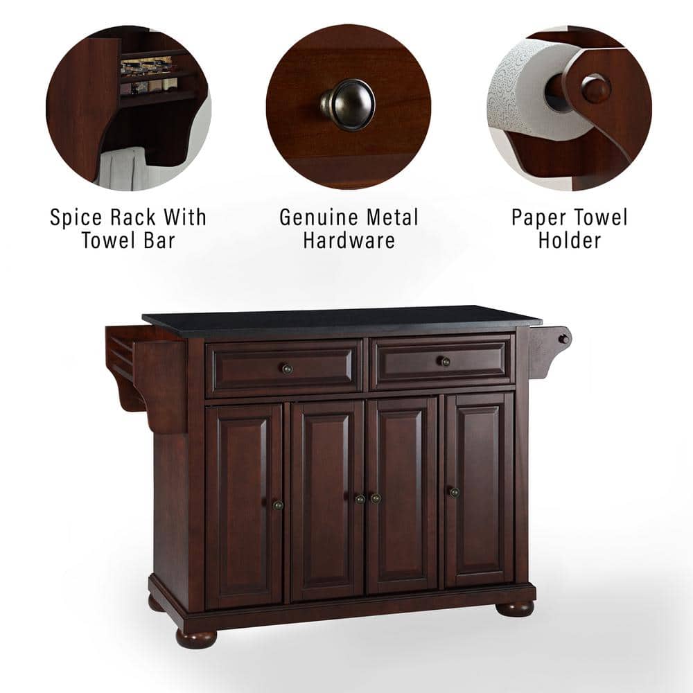 Alexandria 46" Black Granite Top Vintage Mahogany Kitchen Island
