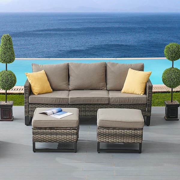 Pocassy Gray 3-Piece U-shaped Foot Design Wicker Patio Sectional Set with Gray Cushions