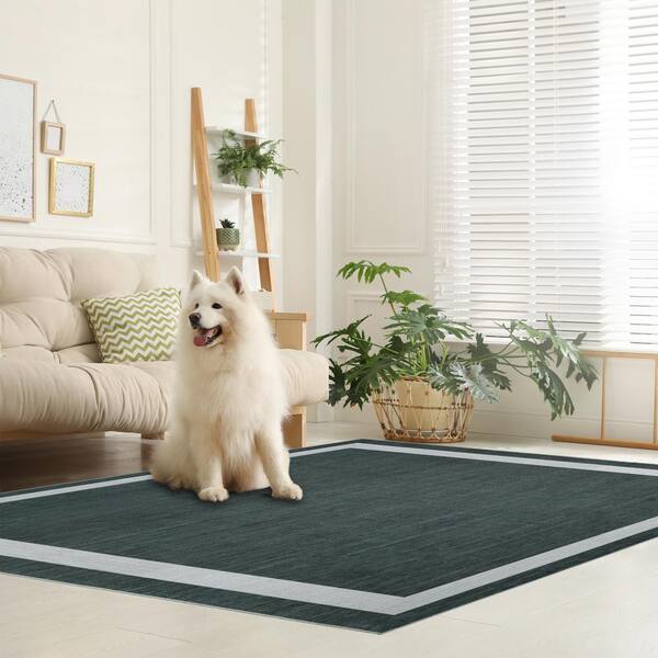 Everest Green Creme 8 ft. x 10 ft. Machine Washable Geometric Modern Border Polyester Non-Slip Backing Area Rug