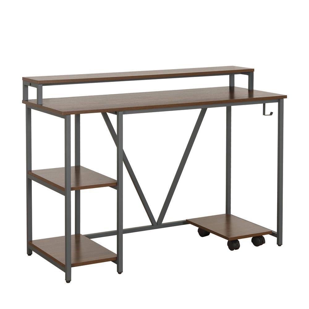 Modern Industrial Walnut Writing Desk with Steel Frame and CPU Caddy