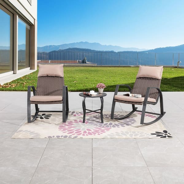 3-Piece Wicker Rocker Outdoor Bistro Set Patio Conversation Set with Khaki Cushions