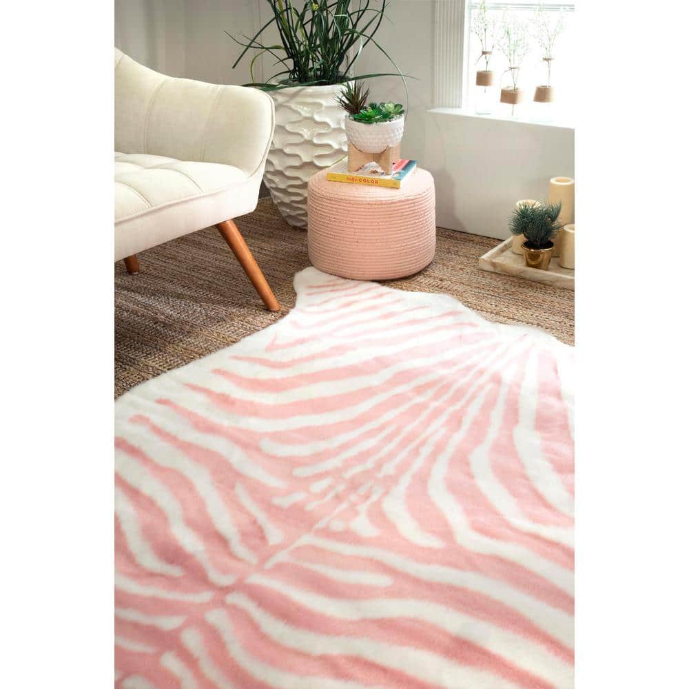 Pink and White Faux Zebra Cowhide Area Rug, 5' x 7'