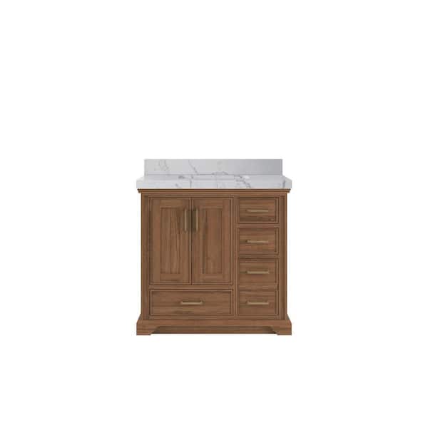 Willow Collections Charlotte Teak 36 in. W x 22 in. D x 36 in. H Center Sink Bath Vanity in Dark Natural with 2" Venatino Quartz Top