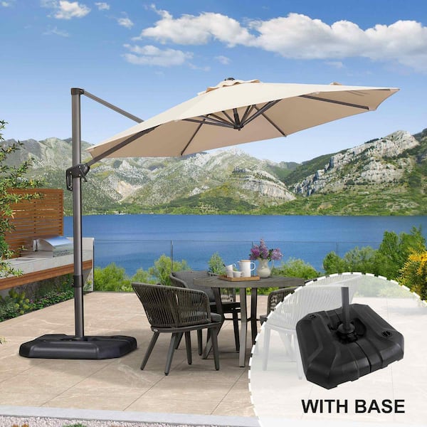 10 ft. Octagon Aluminum Outdoor Patio Cantilever Umbrella Offset 360° Rotation Umbrella with Base, Beige