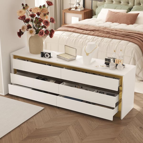 FUFU&GAGA White 6 Drawers 68.9 in. Width Chest of Drawers, Side Storage Console, TV Stand with Golden Metal Frame