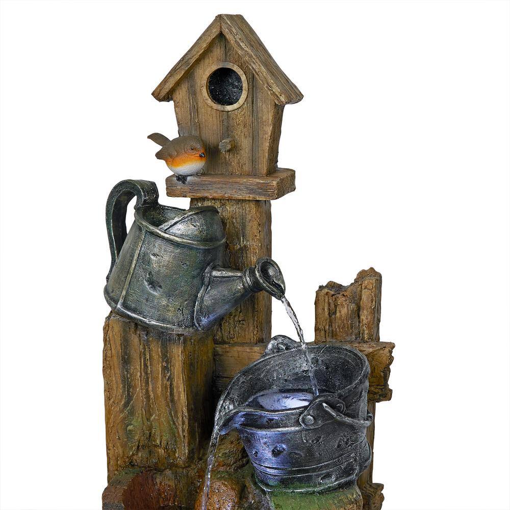 Rustic Polystone Watering Can Birdhouse Fountain with LED Lights