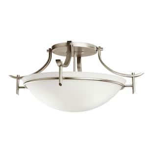 Olympia 24 in. 3-Light Antique Pewter Hallway Contemporary Semi-Flush Mount Ceiling Light with Etched Glass
