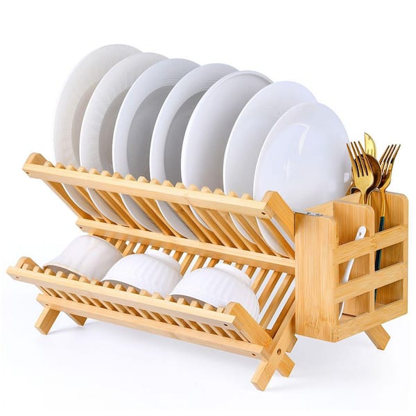 2 Tier Natural Bamboo Standing Foldable Dish Rack with Utensil Holder for Small Spaces