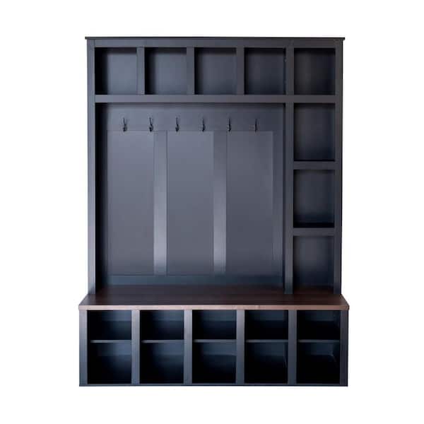 Farmhouse Hall Tree with 6 Hooks, Walnut Storage Bench with Adjustable Shelves, 13 Cubbies, Black plus Dark Walnut